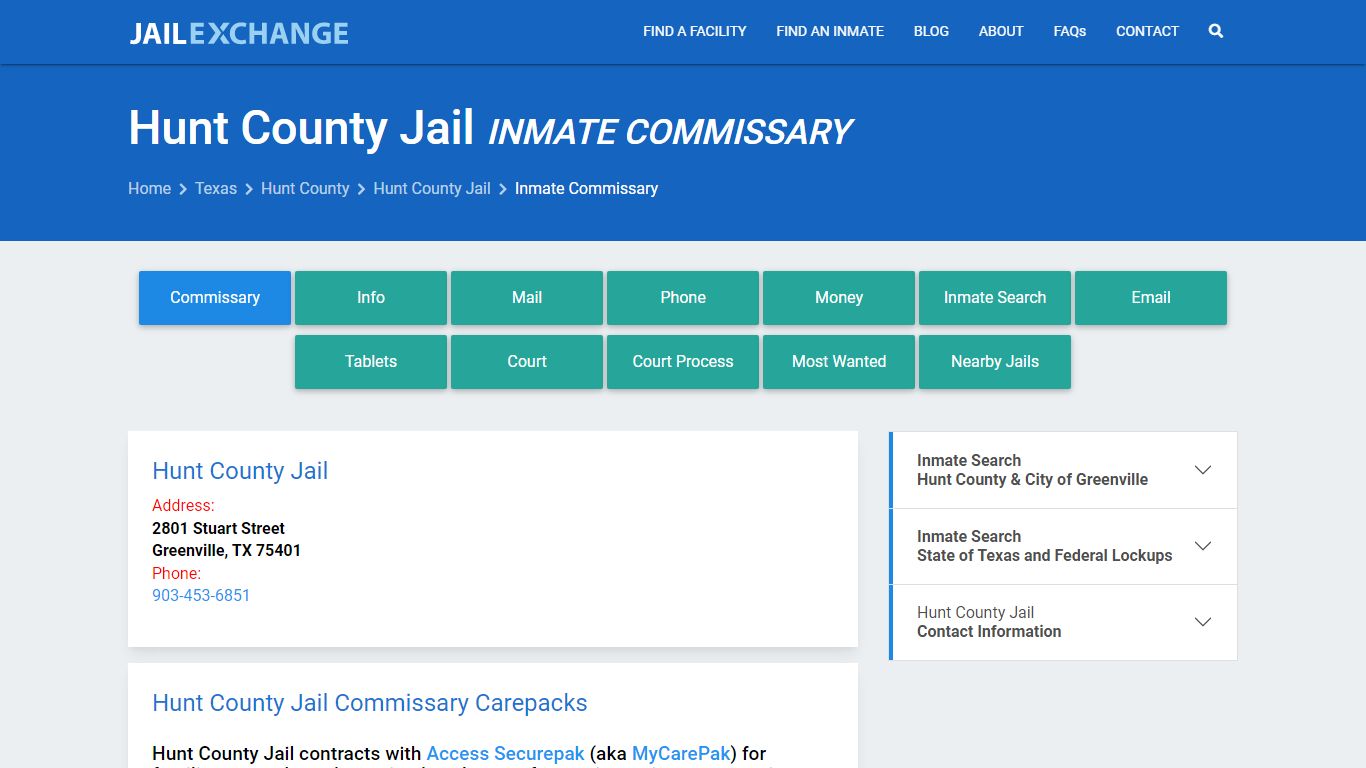 Inmate Commissary, Care Packs - Hunt County Jail, TX